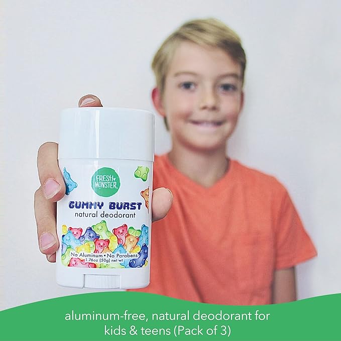 Fresh Monster Natural Deodorant for Kids and Teens I Aluminum-Free, Paraben-Free and Hypoallergenic I Dermatologist Tested I 24-Hour Protection I Gummy Burst I 1.76 oz I 3 Pack