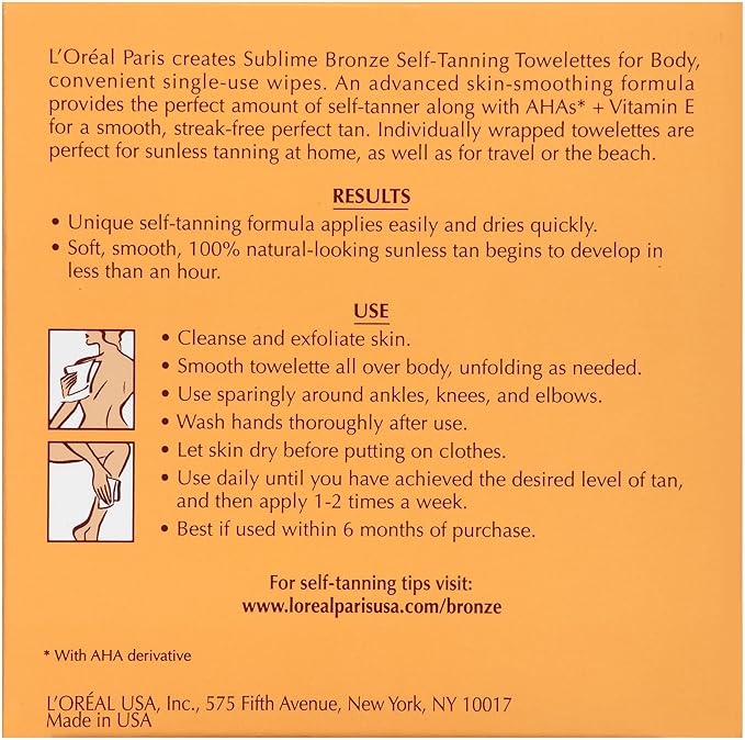 L'Oreal Paris Sublime Bronze Self Tanning Towelettes, Streak-Free, Natural Looking Tan, 6 ct