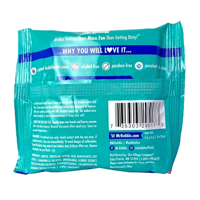 Mr. Bubble Moisturizing Kids Gentle Face and Hand Wipes, Travel Size Biodegradable Deep Cleaning Towelettes Made with Hydrating Aloe Vera and Chamomile (Pack of 12 Pouches, 15 Wipes Each)