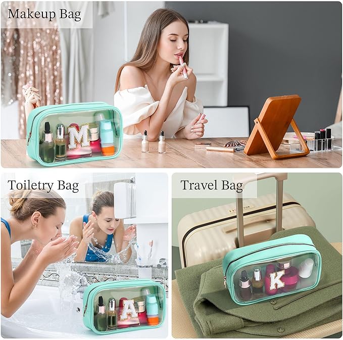YOOLIFE Initial Travel Toiletry Bag, Clear Makeup Bag Preppy Cosmetic Bags Organizer Travel Essentials Gifts for Women Teen Girlfriend Teacher Mom Birthday Clear Makeup Bags With Zipper Blue I