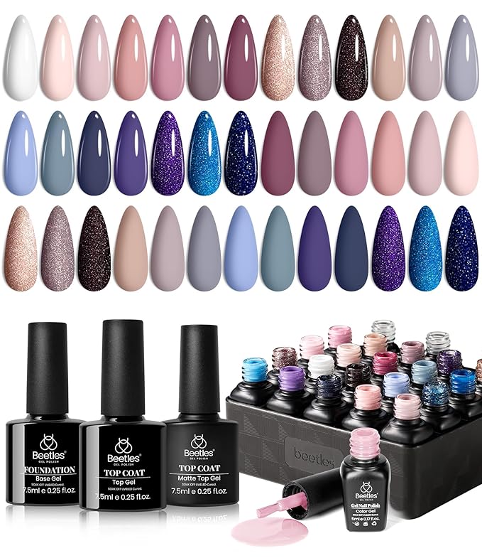 Beetles Gel Nail Polish Kit, 23Pcs Nude Pink Gel Polish White Gray Baby Blue Glitters Nail Polish Set with Glossy Matte Top Coat and Base Coat Fall Winter U V Soak Off Manicure Gift For Women