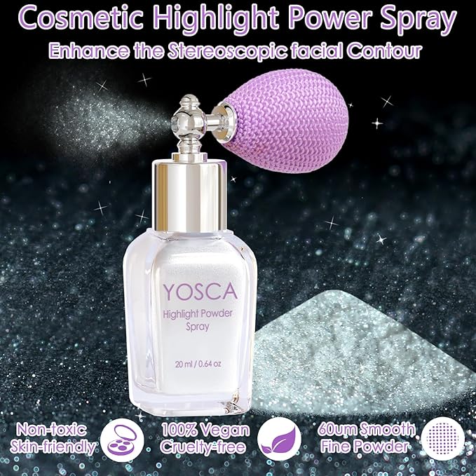 Yosca Highlighter Powder Spray, 20ML Cosmetic Grade Shimmer Powder Diamond Glitter Spray Sparkle Highlighter Makeup Festival Concert Accessorise for Rave Clothes Hair Face Nail Art - Silver Dust