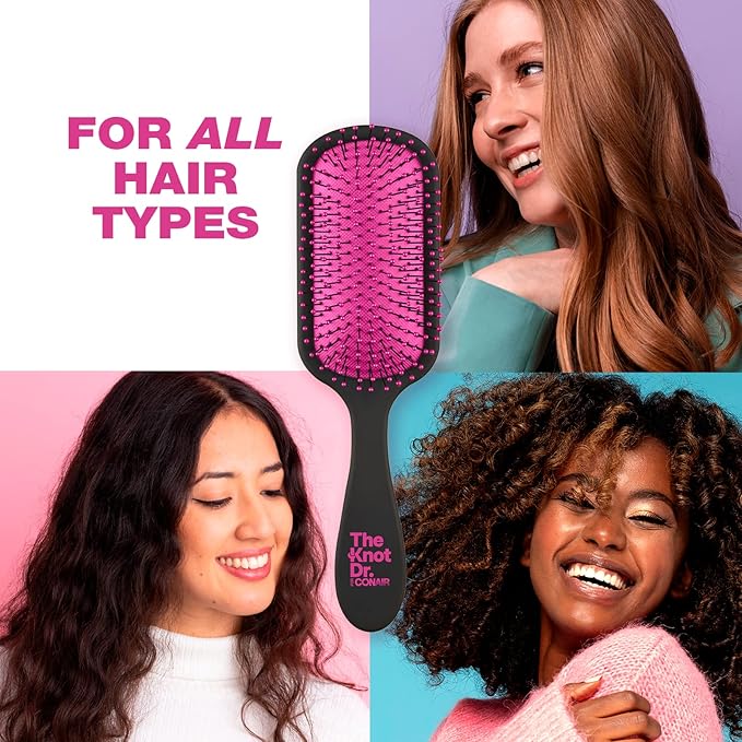 The Knot Dr. hair brush by Conair - Detangling hair brush - Removes Knots and Tangles in wet or dry hair- Black Neon w/Travel Case - Pink