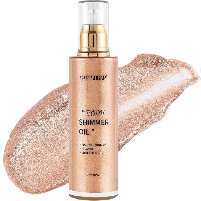 Shimmer Body Oil, Long Lasting Moisturizing Body Glow Oil for Women Face Luminizer Highlighter Makeup 100ml Glitter Shimmer Lotion for Glow Skin (Light Rose Gold)