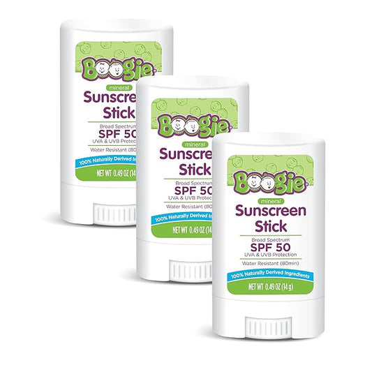 Baby Sunscreen Stick by Boogie, Mineral Sunscreen SPF 50, Travel Size Sunblock for Kids, FSA/HSA Eligible, Zinc Oxide, Water Resistant, Vegan, Fragrance Free, Pack of 3
