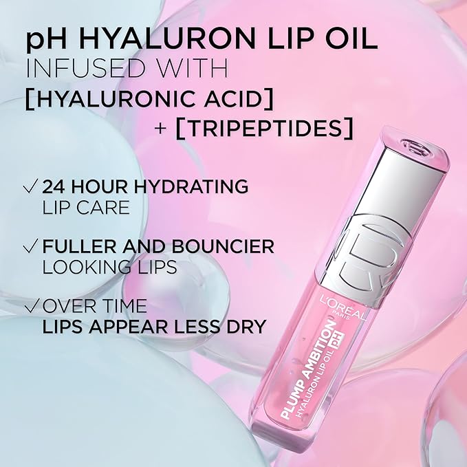 L'Oreal Paris Plump Ambition pH Hyaluron Lip Oil, Color Shifting Lip Tint with 24HR Hydration, Volumizing Shine and Lasting Color, 010 pH Cristal Ice