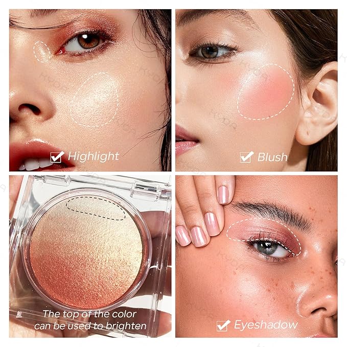 KYDA Baked Blush, Coral Glow Powder for Blush and Highlighter, High Glossy Finish, Lightweight Blendable Shimmer Blusher, Multiuse Baked Powder, 0.53 oz