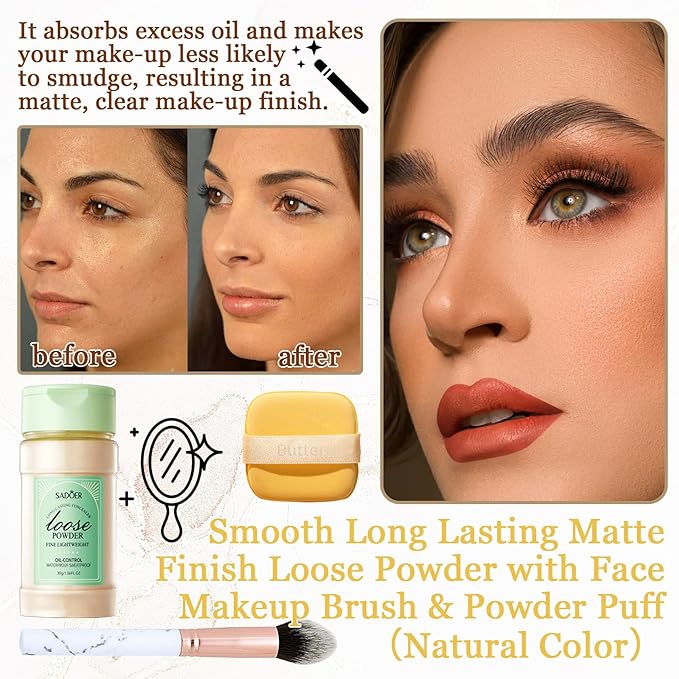 Lightweight Setting Powder,Waterproof Oil Control Translucent Face Powder,Smooth Long Lasting Matte Finish Loose Powder with Face Makeup Brush & Powder Puff（Natural Color）