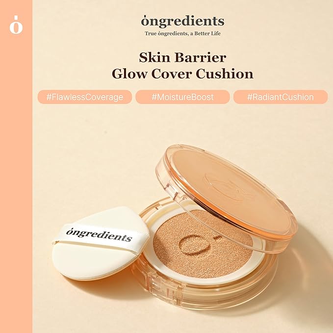 Skin Barrier Glow Cover Cushion, All-day Coverage, Glow Finish, Lightweight, Skincare-Like Texture, Non-cakey Makeup, Korean Cushion Foundation (#34W Sunset, 0.15 oz)