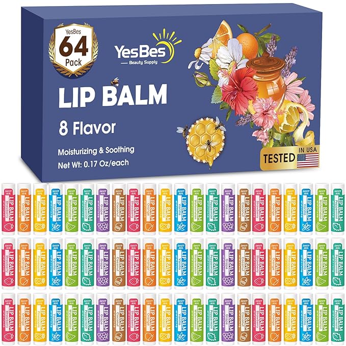 64 Pack Lip Balm, Natural Lip Flavors