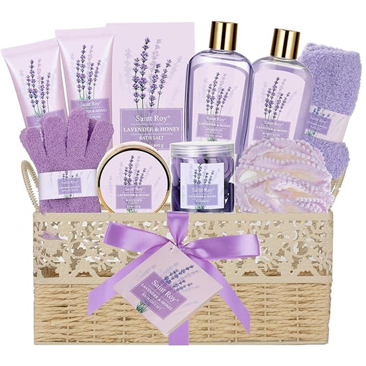 Luxury Bath & Body Set For Women LAVENDER & HONEY Large Spa Basket 13Pcs Luxurious Bath Spa Kit for women, Mother Day Gifts Perfect Spa Kit Bath Gift Set Spa Day Gifts Birthday Gift Baskets for Women