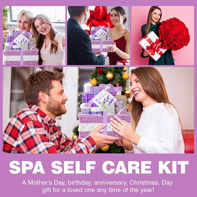 Mother's Day Gift for Mom Spa Gift Baskets for Women Bath lavender gifts spa gift set Basket For Women & Men, Luxury Self Care Home Spa Kit Lavender Bath Gift Basket 20Pcs Bath Gift Set