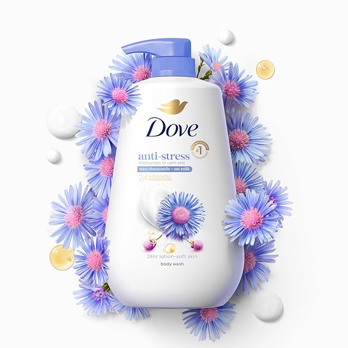Dove Body Wash with Pump 3 Count Anti-Stress Blue Chamomile & Oat Milk, for 24hr Lotion-Soft Skin Moisturizing Skin Cleanser with No Sulfates No Parabens
