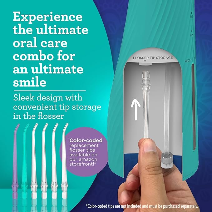 GuruNanda Lion & Lamb Kit 2.0, Electric Toothbrush with Water Flosser Combo, 4 Jet Tips, 4 Brush Heads, & IPX7 Waterproof Design for Complete Oral Care, Teal