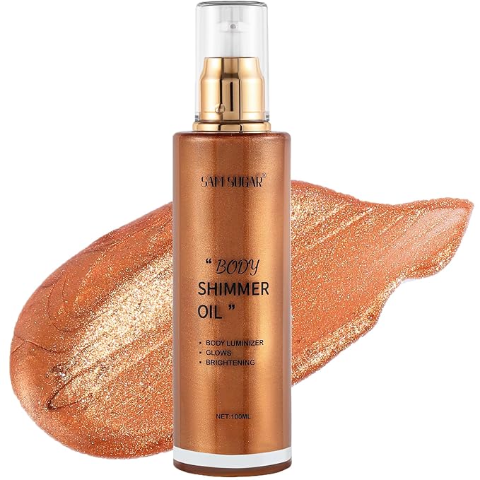 Shimmer Body Oil, Long Lasting Moisturizing Body Glow Glitter for Women Face Luminizer Highlighter Makeup 100ml Shimmer Oil for Glowing Skin Lotion (Bronze Gold)