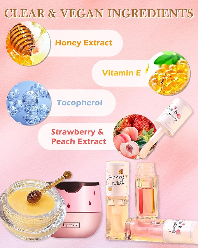 2PCS Strawberry Lip Balm Honey Pot Lip Mask & Hydrating Lip Glowy Oil Lip Care Set, Lip Moisturizing Treatment Nourishing Lip Gloss, Reduce Lip Line & Plump Dry Cracked Lip Scrub Exfoliator -Set B