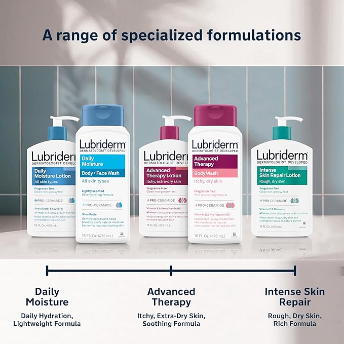 Lubriderm Daily Moisture Body + Face Wash, Hydrating Body Wash + Moisturizing Facial Cleanser with Pro-Ceramide & Shea Butter to Gently Cleanse, Light Fragrance & Hypoallergenic, 16 fl. oz