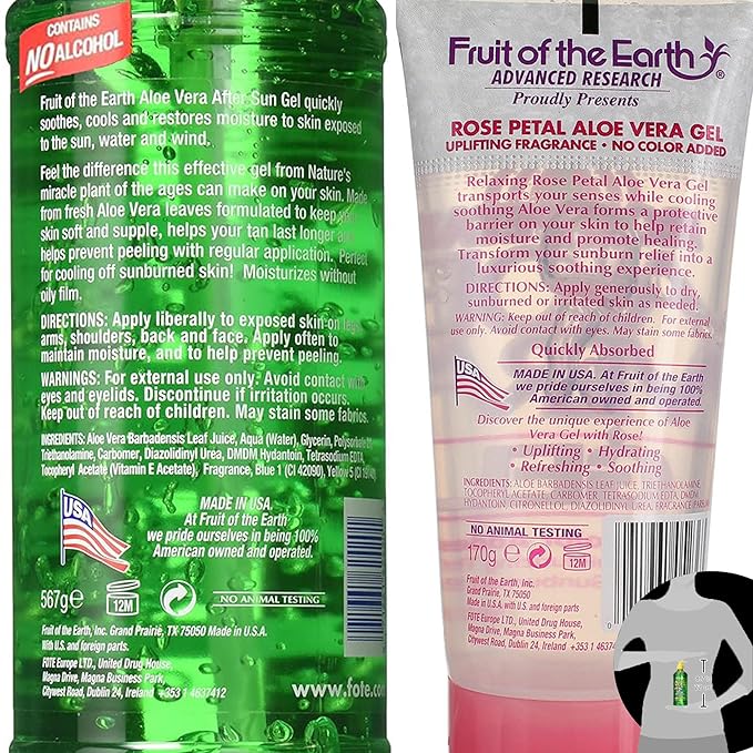 46oz Bulk Pack Fruit of the Earth Aloe Vera After Sun Gel, Set of 3, Pure Aloe Vera 100% Gel For Sunburn Relief, Includes 2 Pumps (20 oz) and 1 Travel Size Rose Aloe Vera (6 oz) + Bonus ZompoZ Tissues
