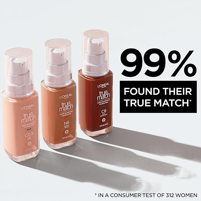 L'Oreal Paris True Match Super-Blendable Foundation, Medium Coverage Liquid Foundation Makeup, N3, Light Medium, 1 Fl Oz