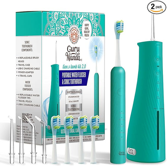 GuruNanda Lion & Lamb Kit 2.0, Electric Toothbrush with Water Flosser Combo, 4 Jet Tips, 4 Brush Heads, & IPX7 Waterproof Design for Complete Oral Care, Teal