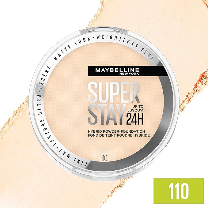 Maybelline Super Stay Up to 24HR Hybrid Powder-Foundation, Medium-to-Full Coverage Makeup, Matte Finish, 110, 1 Count