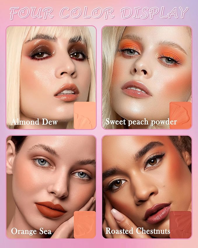 Matte Face Blush Palette Kit with Brush-4 Colors Pink Purple Orange Silky Mineral Blendable Blusher Contour Powder for Cheeks,Longlasting Professional Facial Beauty Makeup Gift for Women Girl-Set 02