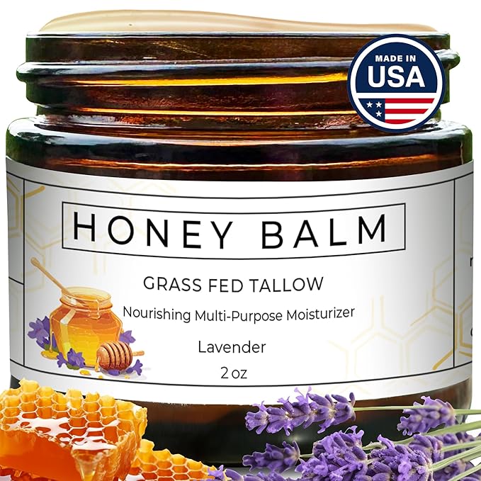 Tallow and Honey Balm, Organic Body Butter, Grass-Fed Beef Tallow for Skin, Soothing All-Natural Moisturizer for Body and Face | Made in USA - 2 oz (Lavender)