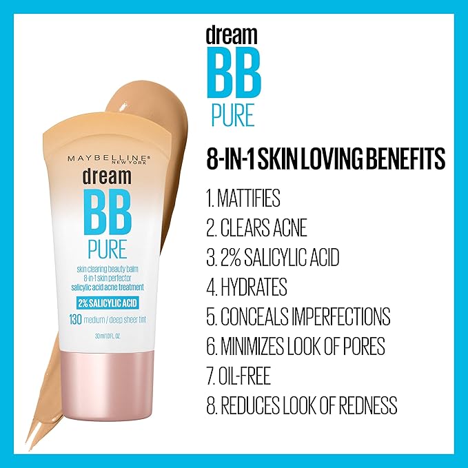 Maybelline Dream Pure Skin Clearing BB Cream, 8-in-1 Skin Perfecting Beauty Balm With 2% Salicylic Acid, Sheer Tint Coverage, Oil-Free, Deep, 1 Count