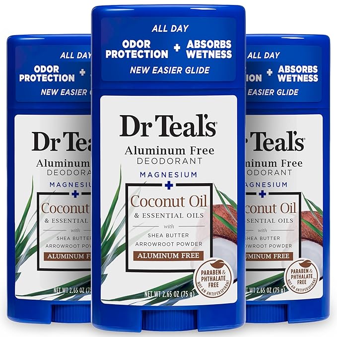 Dr Teal's Aluminum Free Deodorant, Coconut Oil with Essential Oils, 2.65 oz (Pack of 3)