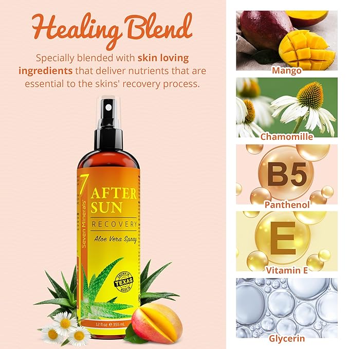 NEW After Sun Solar Recovery Spray with Aloe Vera - For Skin & Face with Instant Sunburn Relief. Unlike Regular Aftersun Spray, Ours Is Made From Freshly Cut Texas Aloe. With Mango & Chamomile (12 Oz)