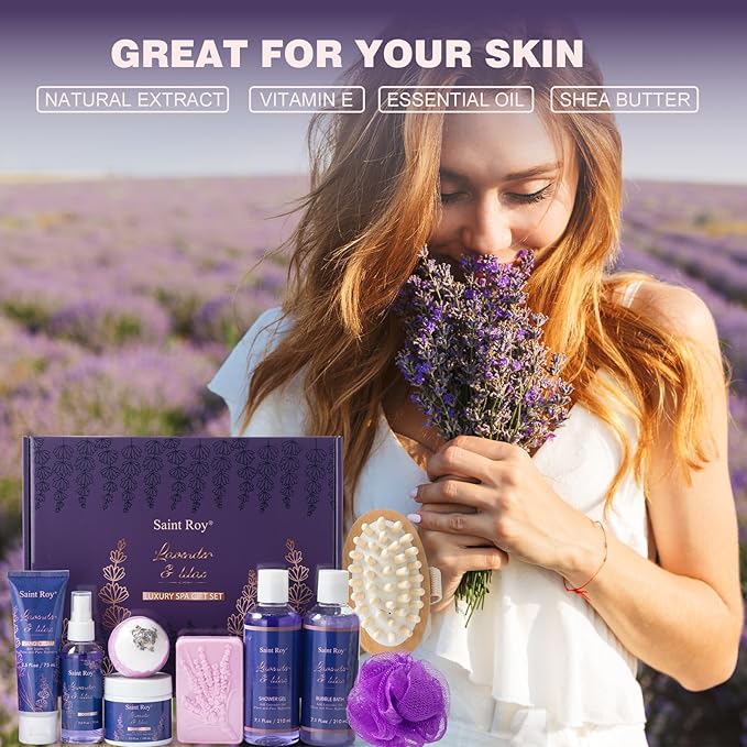 Bath and Body Gift Basket for Women and Men - Lavender Relaxing Spa Set With Massage Body Rush, Bath Bomb - Birthday Gifts for Her, Mom - Unique Self Care Idea