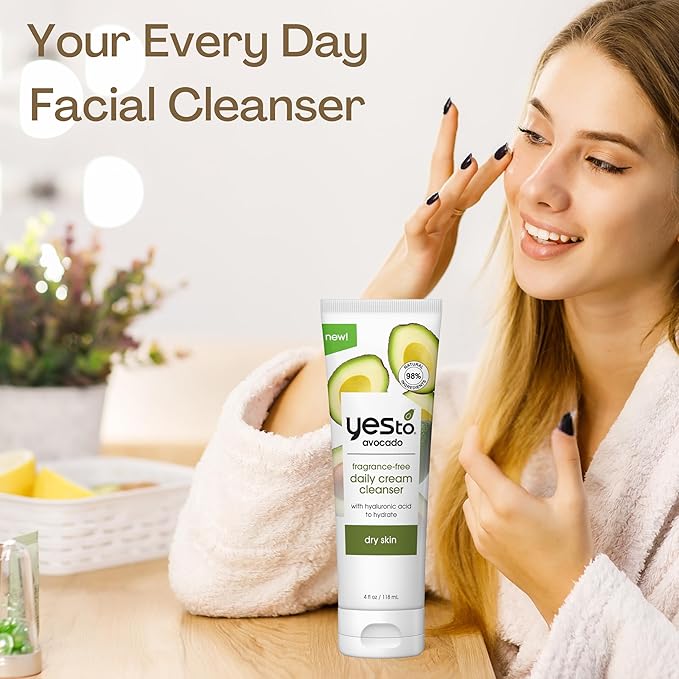 Yes To Avocado Fragrance Free Daily Cream Cleanser, Hydrating Face Wash That Removes Makeup & Impurities Leaving Skin Moisturized With Hyaluronic Acid & Glycerin, Natural Vegan & Cruelty Free, 4 Fl Oz
