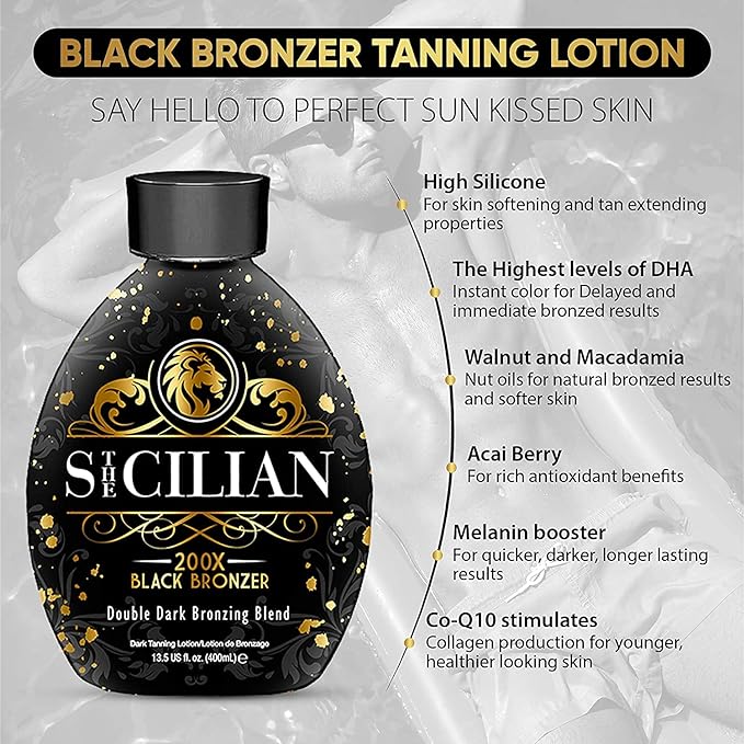 The Sicilian 200X Dark Black Bronzer Tanning Lotion - BEST for Glowing Skin - Gradual Bronzing & Sunless Self Tanner Lotion - Luxurious Sunless Body Tanning Lotion Nourishes Skin