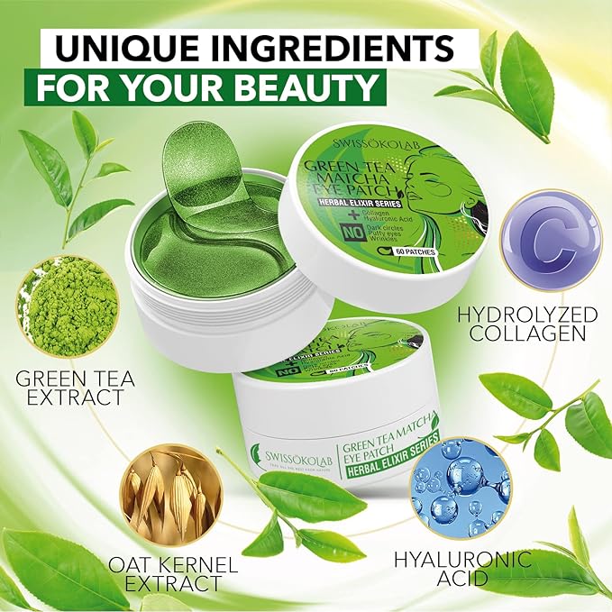 SWISSÖKOLAB Under Eye Patches For Puffy Eyes 24k Gold Eye Mask Dark Circles And Puffiness Collagen Eye Gel Pads Moisturizing & Reducing Wrinkles Anti-Aging Hyaluronic Acid (Green Tea)