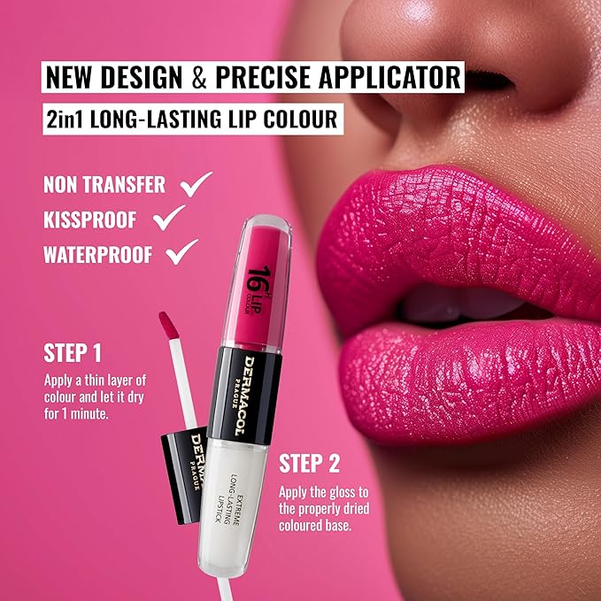 Dermacol NEW 16-Hour Lip Colour, Highly Pigmented Glossy Lip Stain, Two-Phase Lip Plumper Gloss, Kissproof Lip Makeup Products with Matte and Glitter Finish, n.8