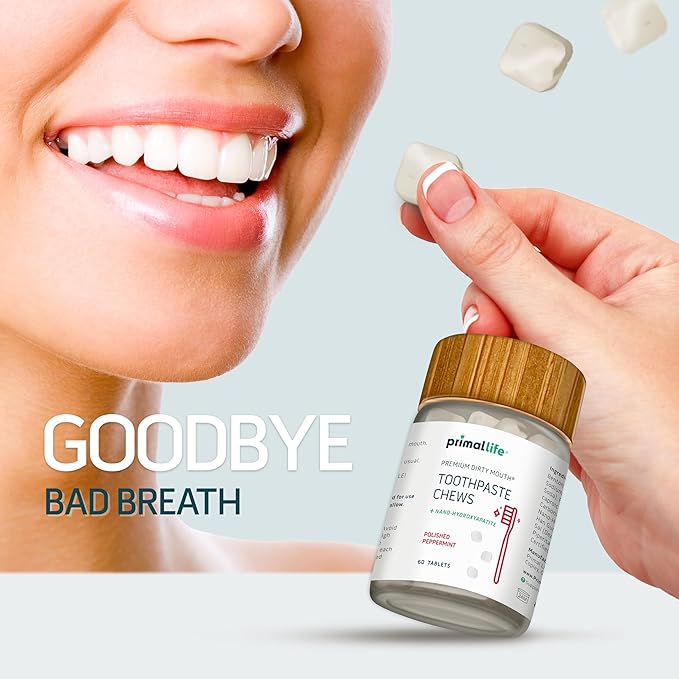 Primal Life Organics Premium Dirty Mouth Toothpaste Chews – Nano-Hydroxyapatite Whitening Toothpaste Tablets for Adults - Gluten Free, Vegan, Paleo - 60 Tablets in Jar - Polished Peppermint