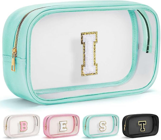 YOOLIFE Initial Travel Toiletry Bag, Clear Makeup Bag Preppy Cosmetic Bags Organizer Travel Essentials Gifts for Women Teen Girlfriend Teacher Mom Birthday Clear Makeup Bags With Zipper Blue I