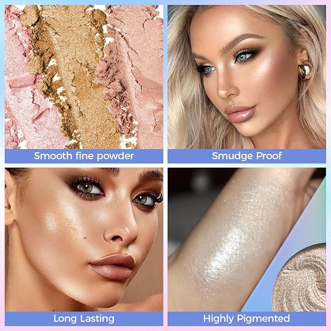 Highlighter Makeup Palette,Highlighter Palette Illuminator Powder Palette White Highlighter Baked Waterproof Long Lasting Brilliant Lighten Skin Color Face Contour Powder Makeup Highlighter