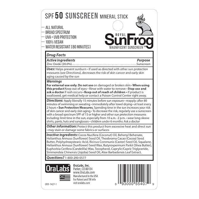 Royal SunFrog | All Natural SPF-50 Sunscreen Mineral Stick | 100% Vegan, Broad Spectrum UVA + UVB, Roll On Sunscreen Stick for Face & Body (0.49oz/14g)
