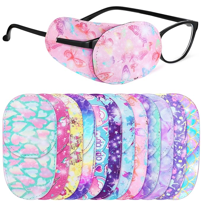 Newcotte 12 Pcs Eye Patch for Kids Girls Boys Reusable Eye Patch for Glasses over the Lens Colorful Eye Patch Toddler Eye Patch Adorable Kids Eye Patches Assorted Eye Patch Cover (Mermaid)