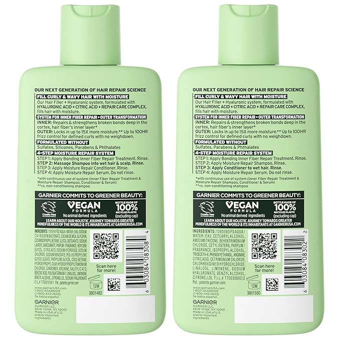 Garnier Fructis Hair Filler Moisture Repair Shampoo and Conditioner Set, Hair Care for Curly, Wavy Hair with Hyaluronic Acid, 10.1 Fl Oz, 2 Items, 1 Kit