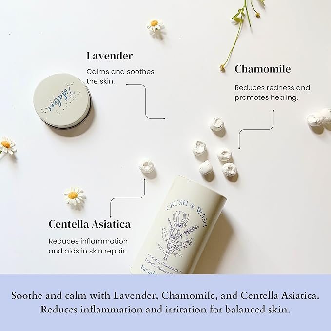 3-in-1 Solid Facial Cleanser, Exfoliator, and Wash-off Mask - Vegan, Cruelty-Free, Plastic-Free, Travel-Friendly, 1 Month Supply (60 Crushable Tablets) in Tin (Calming Beans in Tin)