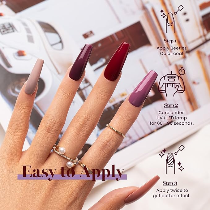 Beetles Purple Gel Nail Polish Set, Fall Burgundy Red Dark Purple Rose Petals Color Soak Off UV Light Cure Gel Polish Nail Art Design Gifts for Women
