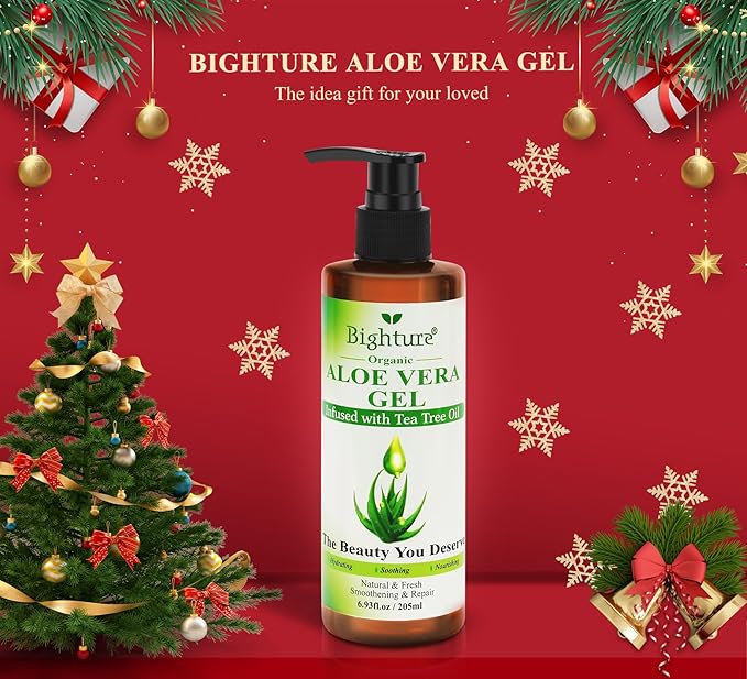 Organic Aloe Vera Gel with Tea Tree Oil for Face & Body, Freshly-cut Aloe Vera Gel Ideal for Skin, Scalp, & Hair Hydration, Calming Moisturizer for Soothing After Sun Care Relief, 6.93 oz