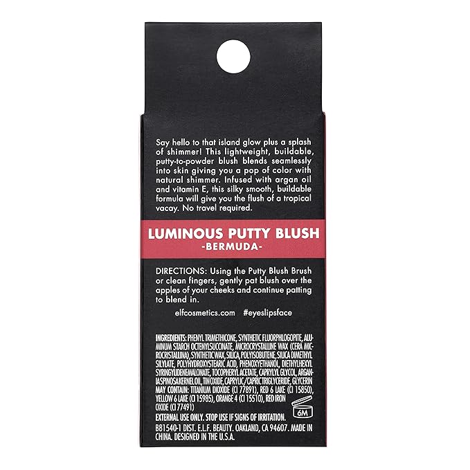e.l.f. Luminous Putty Blush, Putty-to-Powder, Buildable Blush With A Subtle Shimmer Finish, Highly Pigmented & Creamy, Vegan & Cruelty-Free, Bermuda