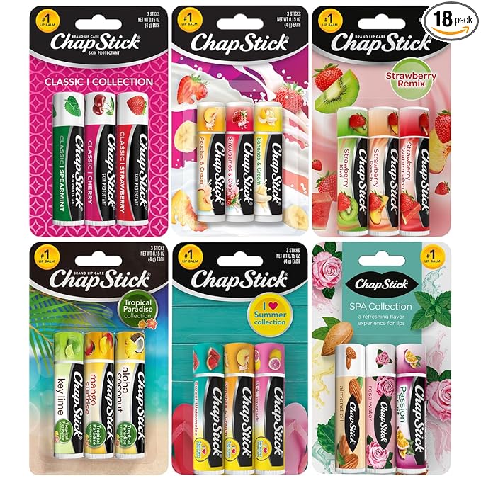 ChapStick Lip Balm, Sweet & Fruity Flavors + SPA & Classic Collections, 18-Pack – Includes Strawberry Remix, I Love Summer & Tropical Paradise & More, Birthday Gifts, Party Favors, 0.15 Oz