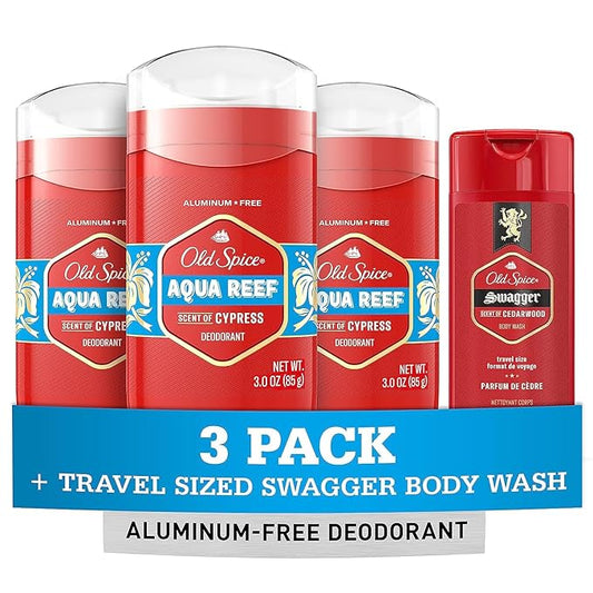 Old Spice Aluminum Free Deodorant for Men, 24/7 Odor Protection, 24/7 Freshness & Lasting Scent, Aqua Reef with Cypress Scent, 3.0 oz with Travel Size Swagger Body Wash (Pack of 4)
