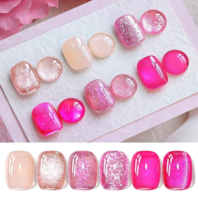 Born Pretty Gel Nail Polish Pink Series,Jelly Transparent Gel Polish, Cat Magnetic Eye,Holographic Glitter Hot Pink Nude Gel Polish for Salon Manicure and Nail Art DIY at Home 6 Colors