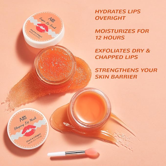 ANAI RUI Lip Balm Mask & Lip Scrub Set, Lip Care Kit, Overnight Lip Treatment with Lip Sleeping Mask & Sugar Lip Exfoliator Scrub, Lip Moisturizer for Dry, Chapped, Dark Lips, Reduce Fine Lines, Peach