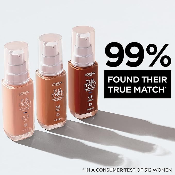 L'Oreal Paris True Match Super-Blendable Foundation, Medium Coverage Liquid Foundation Makeup, C2.5, Light Medium, 1 Fl Oz